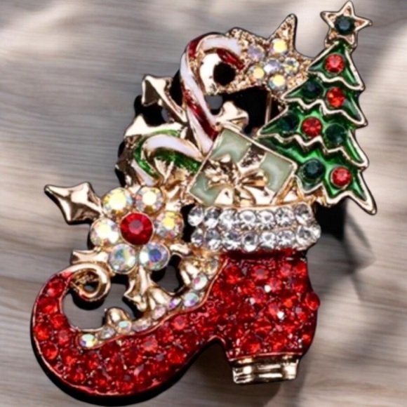 Red Enamel & Crystal Christmas Boot, Gift, & Tree Brooch Pin Necklace Combo - Picture 1 of 3